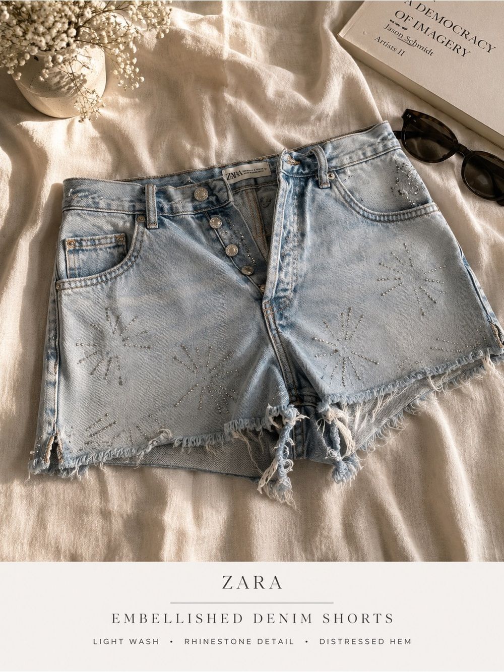 Zara Light Wash Embellished Denim Shorts